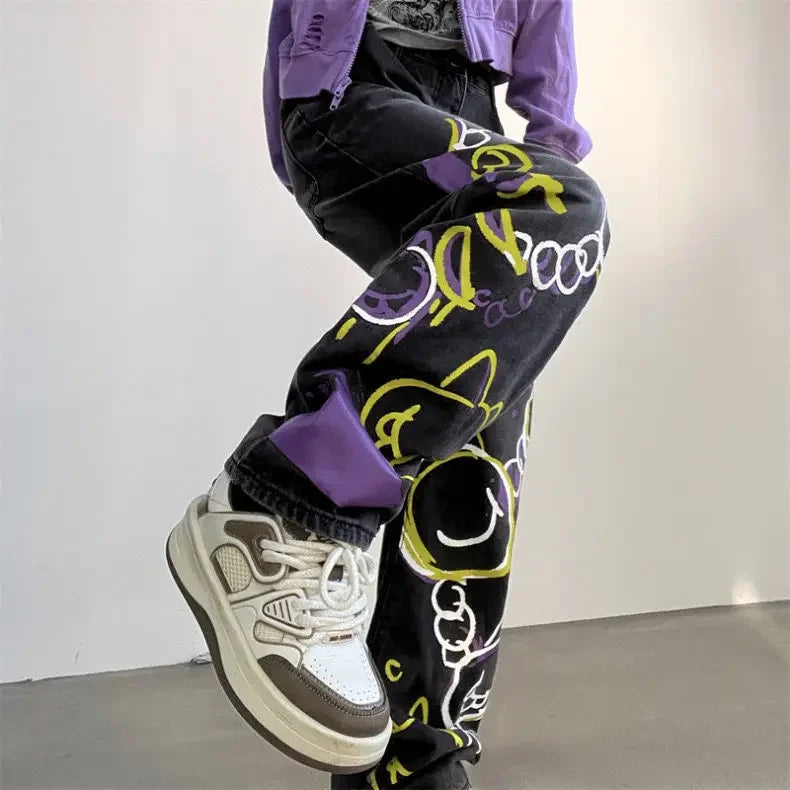 Y2K Graffiti High-Waisted Jeans Women's Baggy Slouchy Wide-Leg Trousers