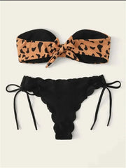 Beach Bikini 2024 Woman Sexy Front Lace Up Tie Bandeau Leopard Swimsuit Female