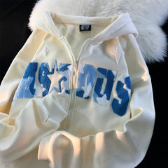 Star Print Hoodies Women High Street Fashion Letters Flocking  Zip Up Loose Casual
