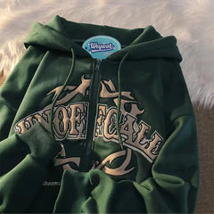 Retro American Letter Print Zip Hoodie Hip Hop Loose Women's Cardigan