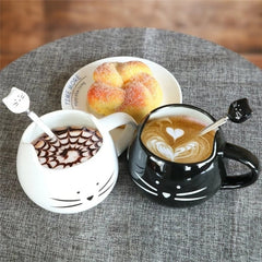 Cartoon Cat Mugs Coffee Cups with Stirring Spoon Black White Ceramic