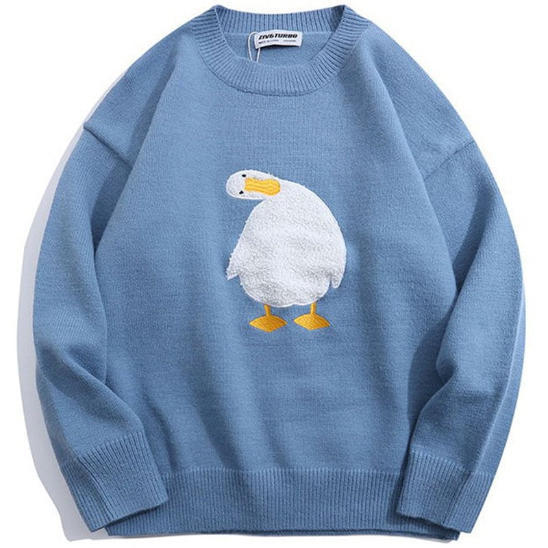 Men Harajuku Oversized Knitted Sweater Cartoon Duck Goose Print