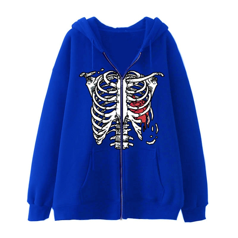 Y2K Dark Skull Skeleton Zip Up Hoodie Men's Oversized Jackets, Gothic Couple's Harajuku Fashion Sweatshirt