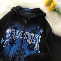 Butterfly Letter Print Zip Up Hoodie High Street