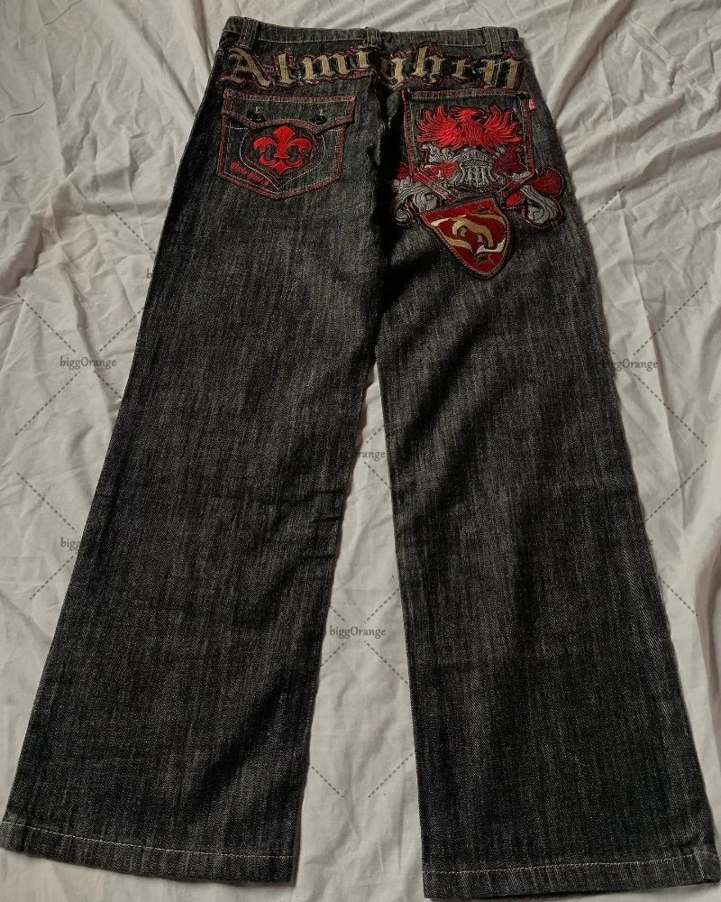 Mens Jeans Gothic American Streetwear Black Wide Leg