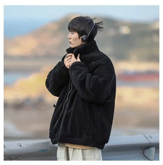 Men's Autumn Winter Retro Versatile Casual Velvet Cotton Printed Zipper Warm Soft