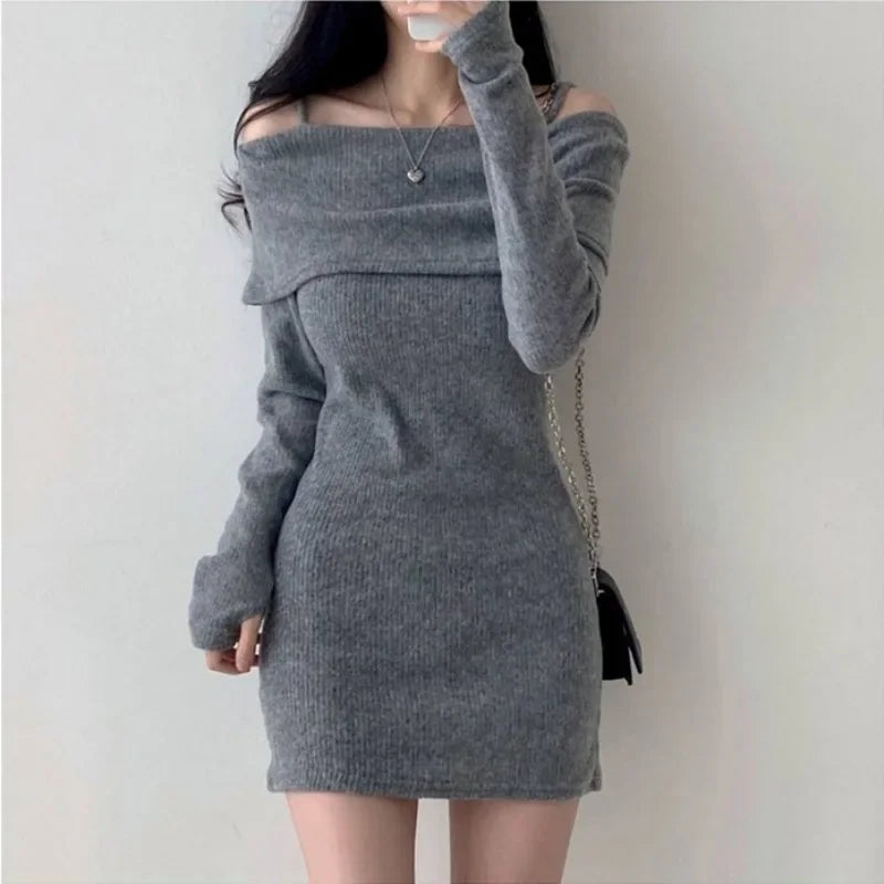 Korean Off-Shoulder Suspender Knit Dress for Women