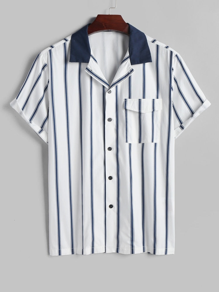 Cotton Men's Short Sleeve Striped Shirt: A Stylish, Summer-Ready Casual Top with Pocket