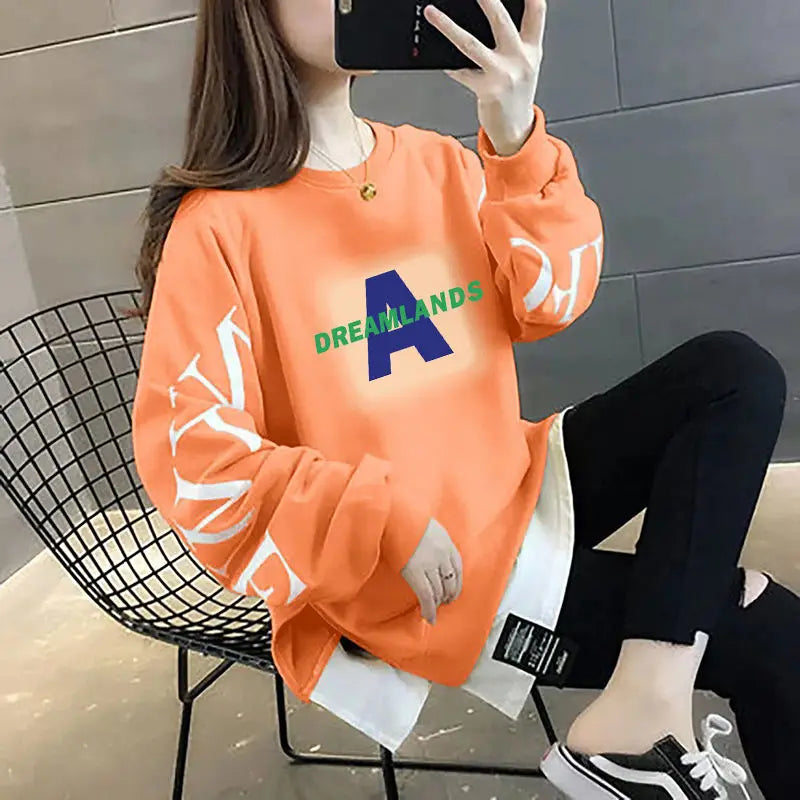 Printed Spliced Fake Two Pieces Sweatshirts 2024 Autumn Winter Loose