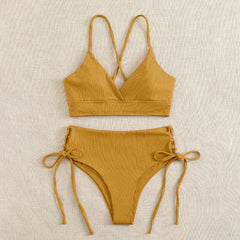 Cikini V-Neck Lace Up Bikini - Solid Color Swimwear