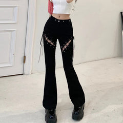 Retro Revival: American Flared Denim Trousers with Chic Lace-Up Detail