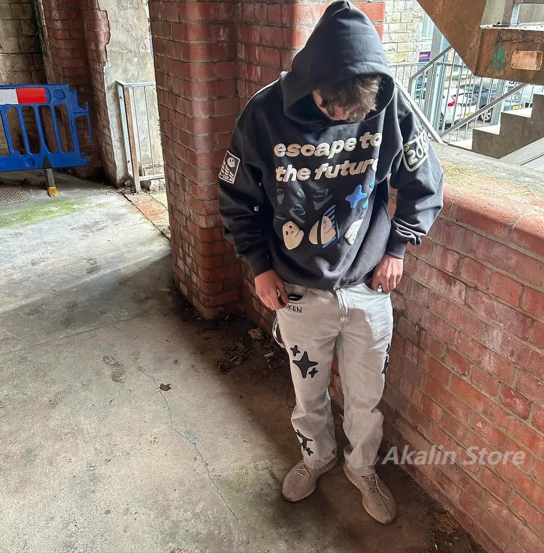 Y2k Broken Print High Street Hoodies Men Streetwear Goth Harajuku