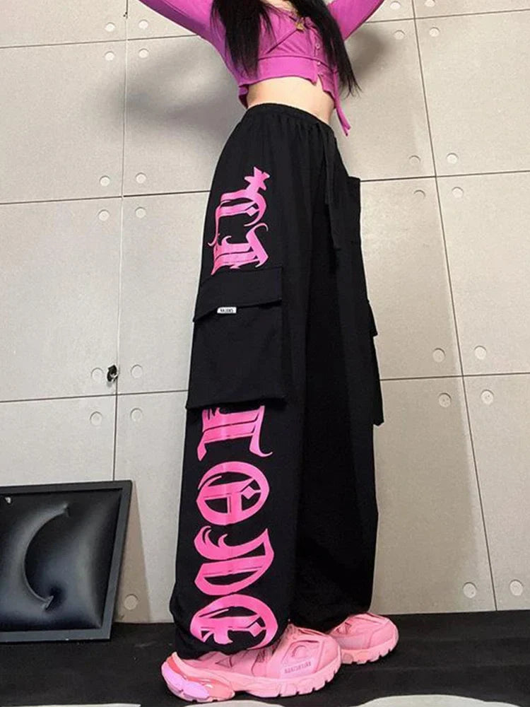 Y2K Cargo Retro Pink Printed Trousers Street Hip Hop Loose Casual Harajuku