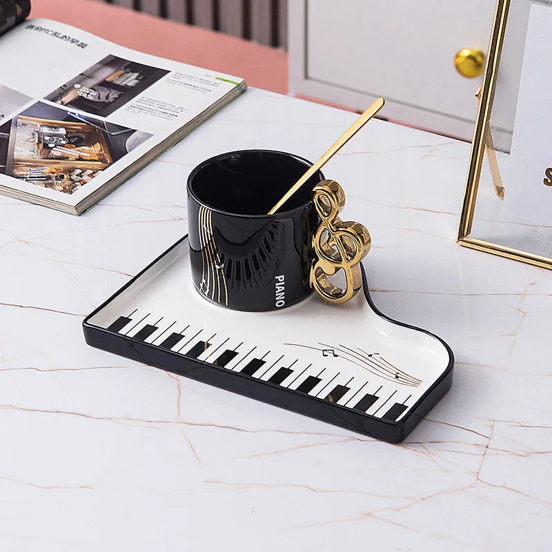 Black & White Piano Ceramic Mug Set: Heat-resistant with Saucer and Spoon