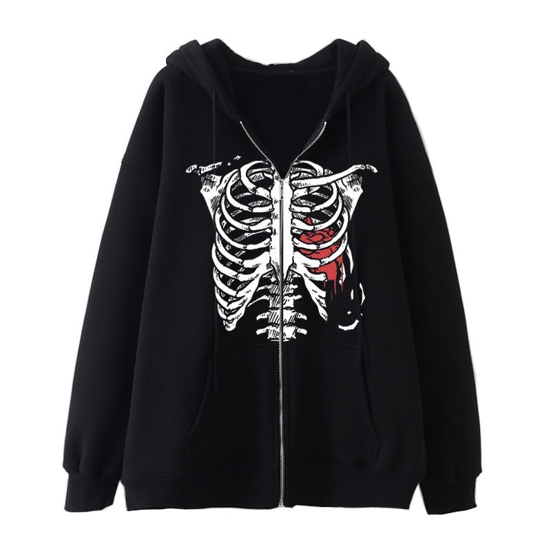 Y2K Dark Skull Skeleton Zip Up Hoodie Men's Oversized Jackets, Gothic Couple's Harajuku Fashion Sweatshirt