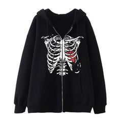 Y2K Dark Skull Skeleton Zip Up Hoodie Men's Oversized Jackets, Gothic Couple's Harajuku Fashion Sweatshirt