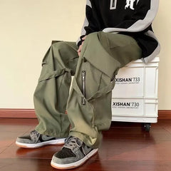 Streetwise Green Men Oversize Zipper Cargo Pants for Hip Hop Style