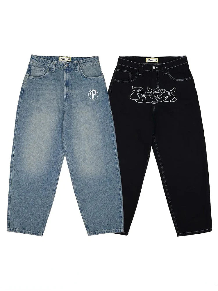 Men Street Retro Hip Hop Print Jeans High-waist