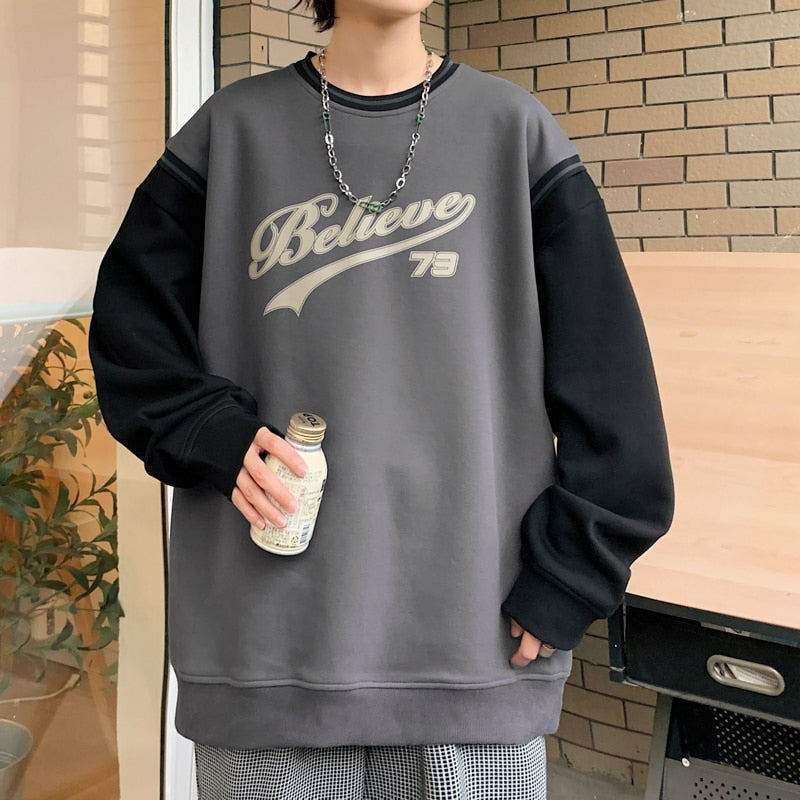 Sweatshirt Patchwork Tren Fashion Korean Men Streetwear