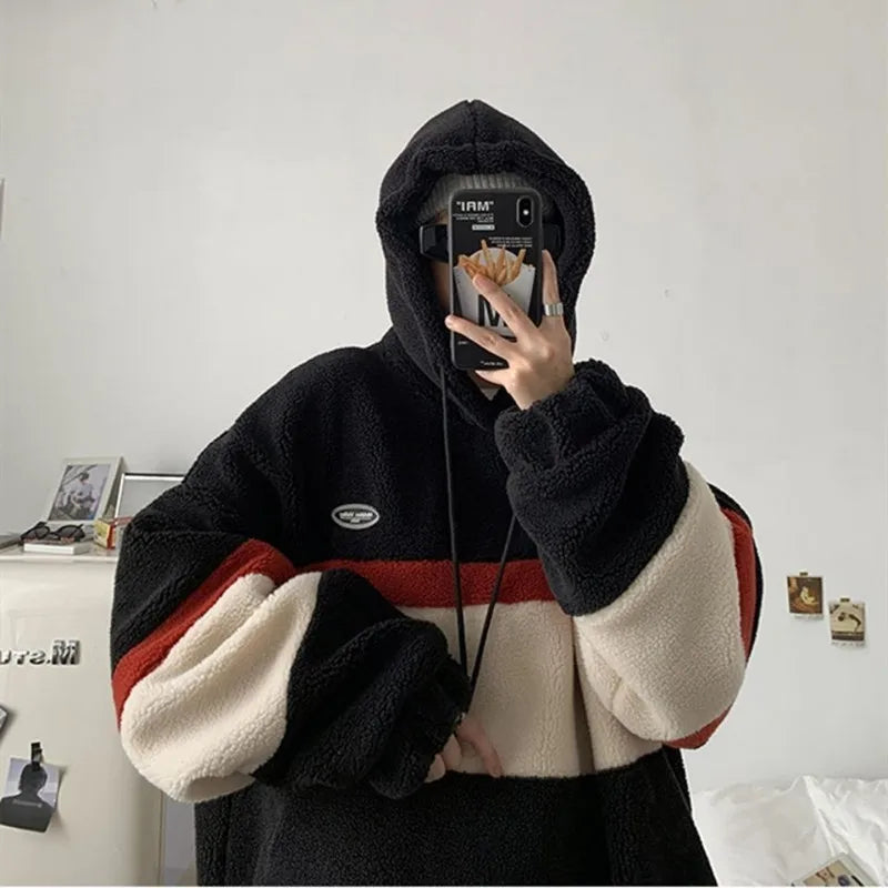 2023 Fleece Hoodies Patchwork Stripe Hooded Sweatshirts Loose Coats