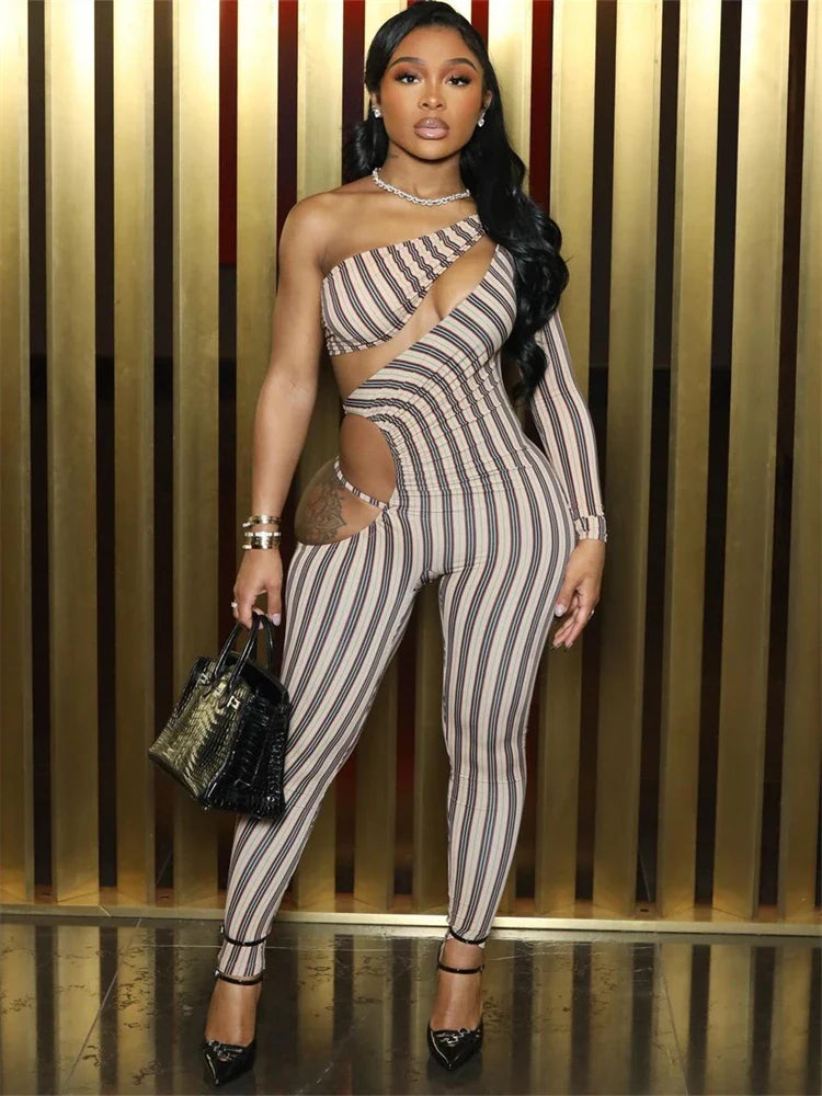 Cold Shoulder Stripe Print Jumpsuit