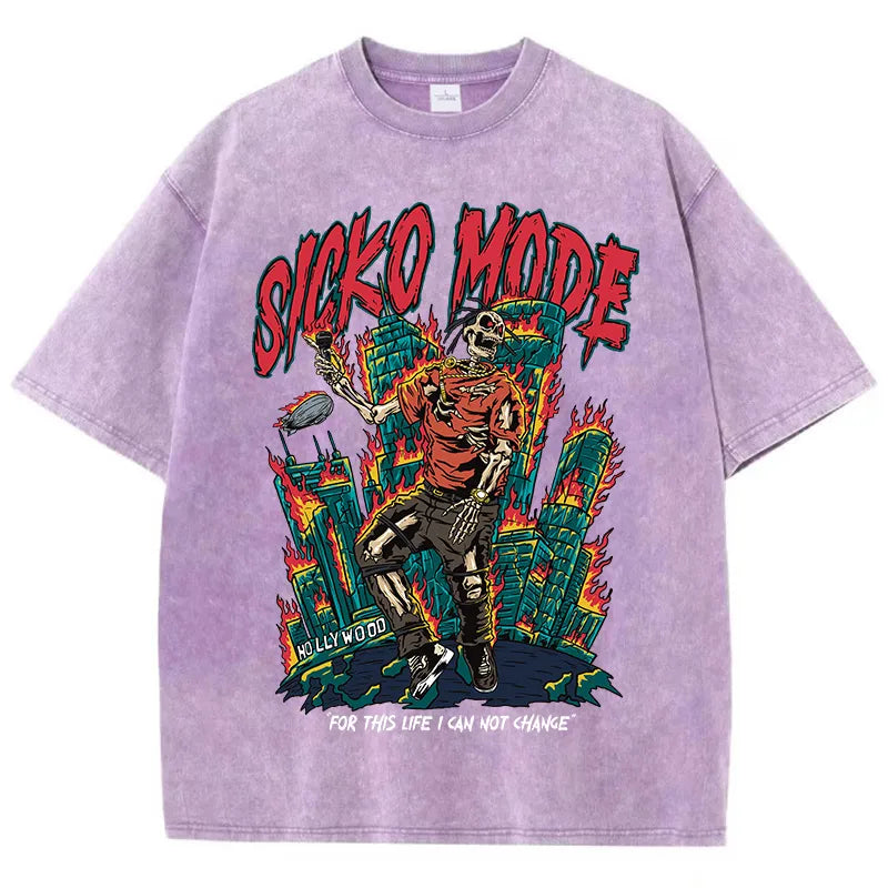 Street Clothing Washed Old Cotton Streetwear Skeleton Singer Graphic