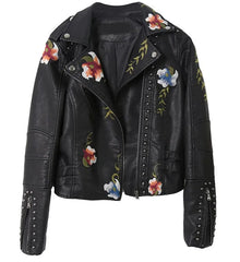 Women's Soft Leather Jacket: Autumn Floral Print Embroidery Coat