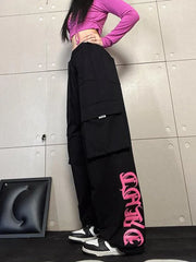 Y2K Cargo Retro Pink Printed Trousers Street Hip Hop Loose Casual Harajuku
