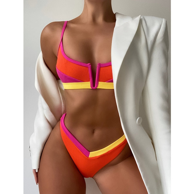 Retro Bikini Patchwork Swimsuit Thong Brazilian Sexy Swimwear