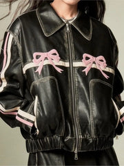 Chic Y2K Bow-Embellished Jacket for Women Zippered Polo-Neck Coat for Autumn