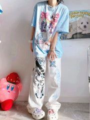 Y2K Anime Print White Pants Women Harajuku Wide Leg Trousers