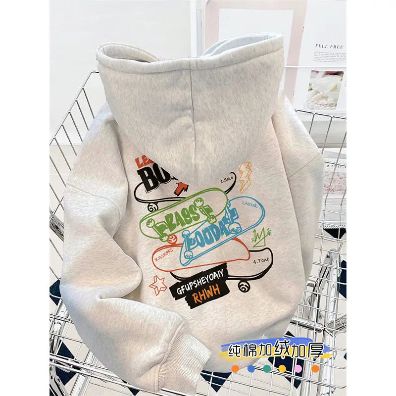 Men's Autumn Winter Cotton Hoodie Letter Print, Harajuku Style, Thickened and Oversized