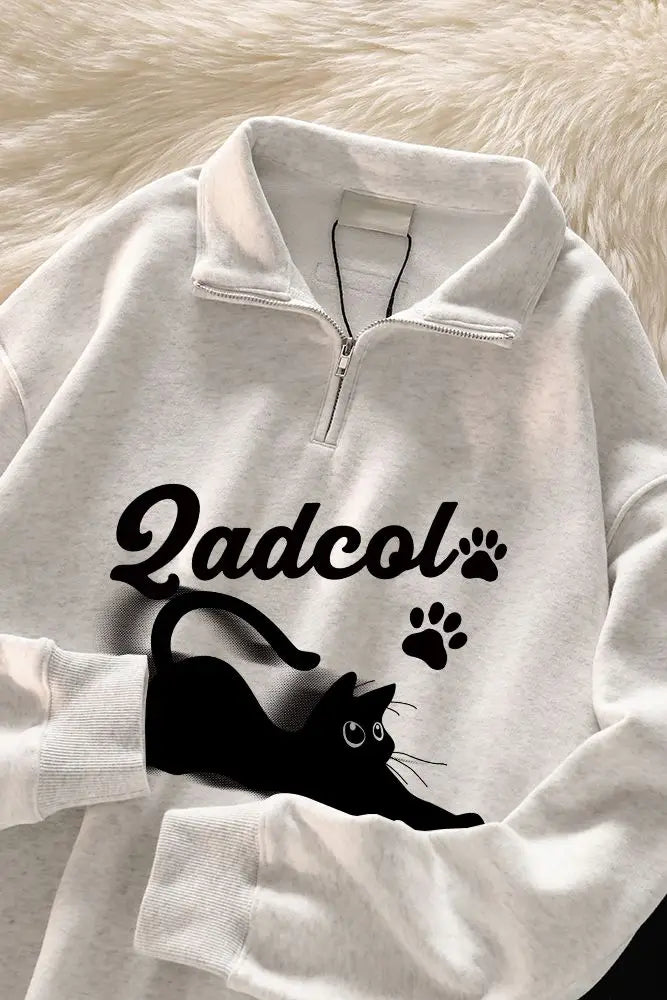Cartoon Cat Zipper Pullover Women's Long Sleeve, Japanese Streetwear Top for Autumn