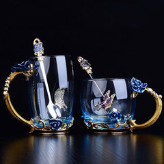 Blue Rose Enamel Crystal Cup Flower Tea Glass Glass Cup Flower Mug with Handgrip