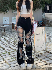 Y2k Distressed Women's Jeans: High Street Hip Hop Style, High Waist, and Loose Fit