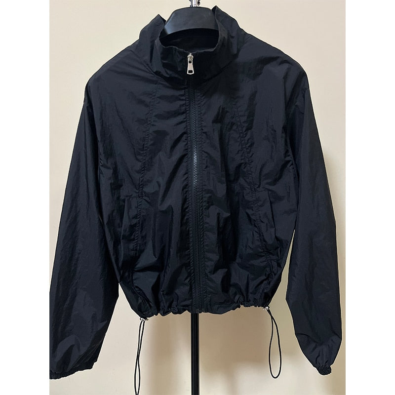 Jacket Female Collar Drawstring Zipper Long Sleeve Sun Protective Sports Coat