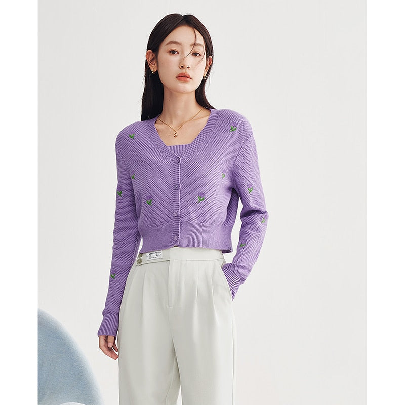 Sweaters Women Knit Cardigan Spring Long Sleeves V Neck Loose Floral Embroidery Purple
