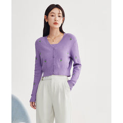 Sweaters Women Knit Cardigan Spring Long Sleeves V Neck Loose Floral Embroidery Purple