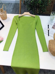 Stay Cozy and Stylish with Our Ribbed Square Neck Knitted Dress - Perfect for Streetwear