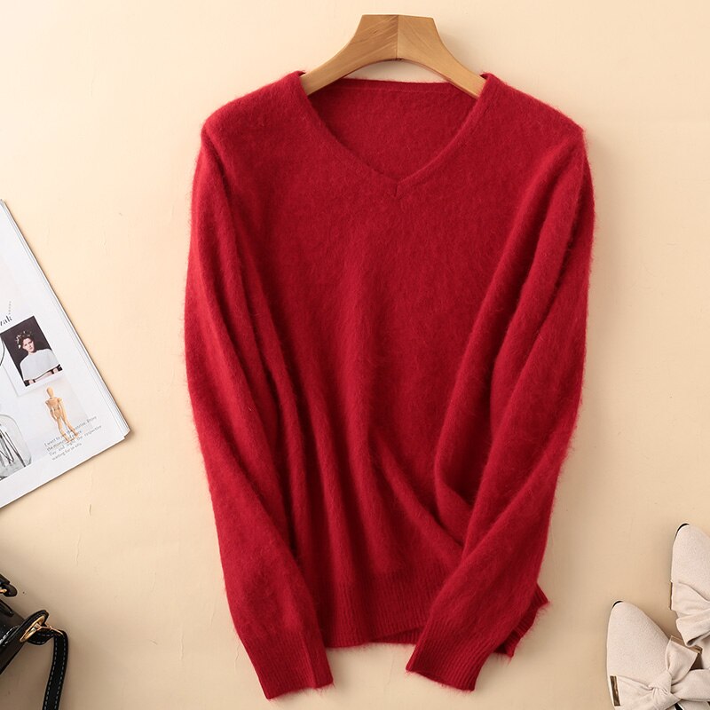 Sweater woman V-Neck Knitted Pullover Mink Cashmere Jumper Female  Soft Super Warm Sweater
