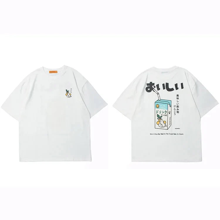 Japanese Kanji Drink Graphic T Shirt Streetwear Harajuku Sleeve T-Shirt