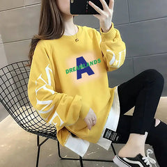Printed Spliced Fake Two Pieces Sweatshirts 2024 Autumn Winter Loose