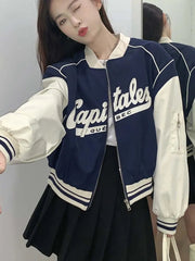 Y2K Oversized Crop Bomber Jacket with Letter Print for Women Streetwear Style Winter