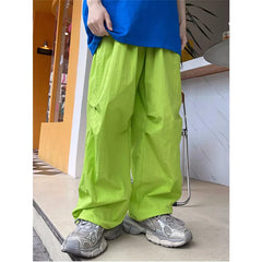 Y2K Green Parachute Pants Korean Style Wide Leg Track Trousers Plus Size