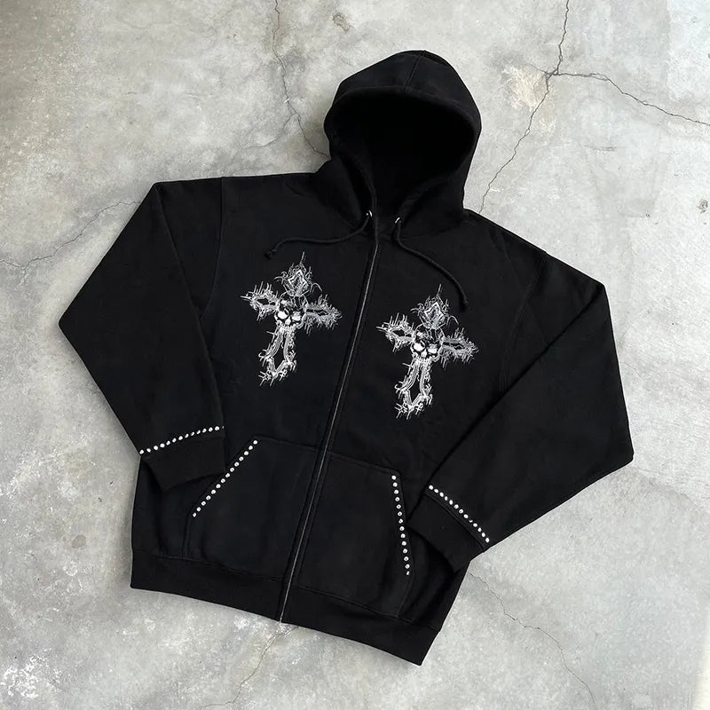 Y2K Hip Hop Hoodie Clothes Skull Cross Print Zipper Streetwear