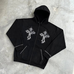Y2K Hip Hop Hoodie Clothes Skull Cross Print Zipper Streetwear