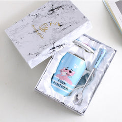 Ceramic Pink Panther Coffee Mug With Spoon Lids Cute Cartoon