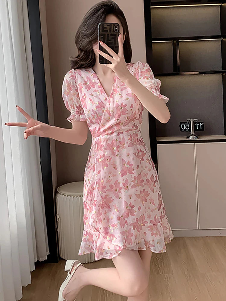 2024 Pink Floral Chiffon Sequins Prom Clothes Women Short Sleeve V-Neck Casual