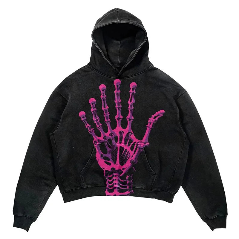 Men Hoodies Pullover High Street Dark Vintage Skull Hand Tops Oversize Streetwear