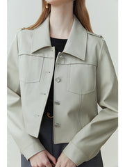 Short Jackets Retro Brown Front Shoulder Leather Coats Full Sleeve Single Breasted Jacke